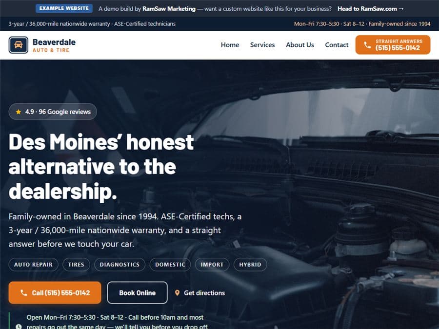 Beaverdale Auto & Tire — example auto repair website by RamSaw Marketing